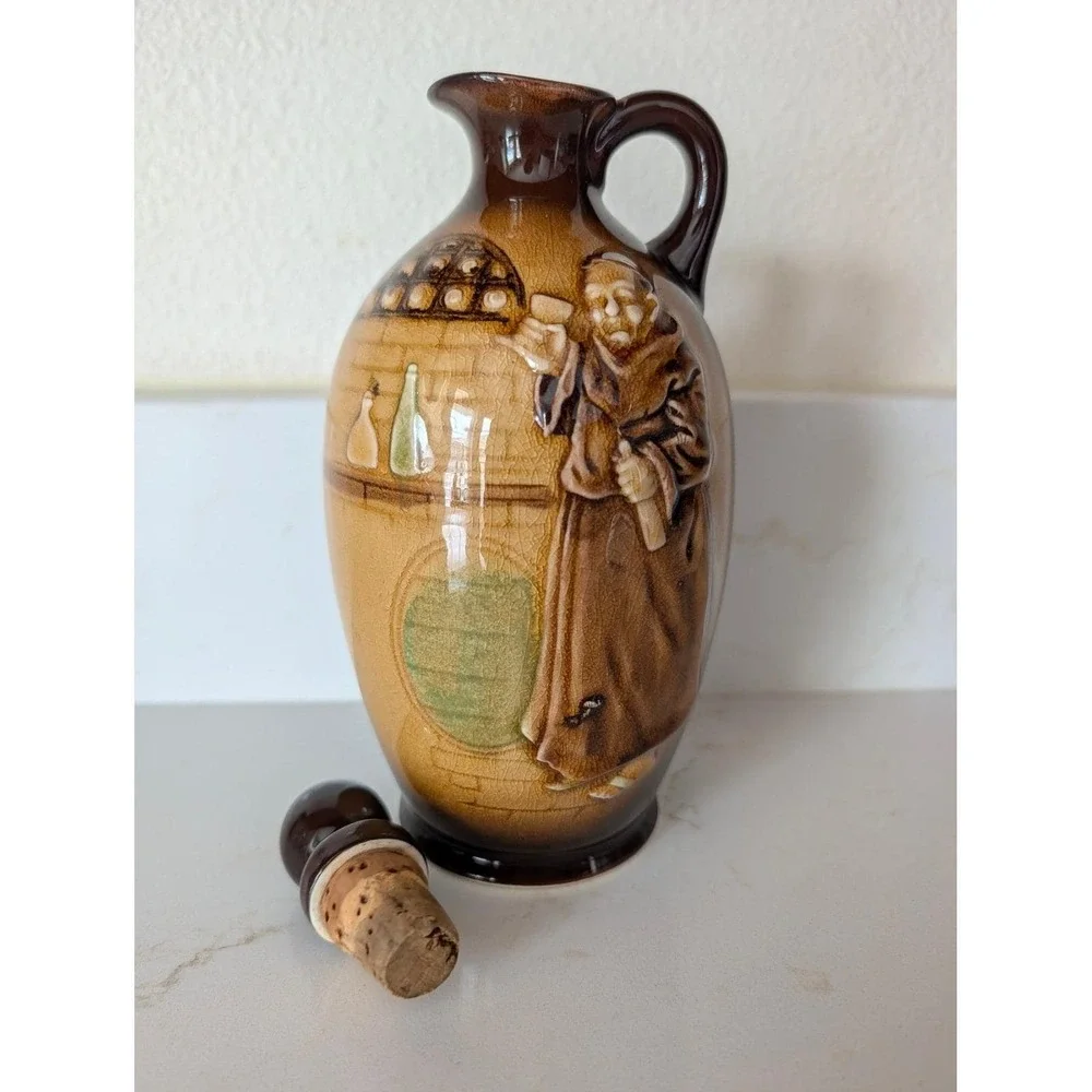 Vintage Monk Ceramic Decanter Brown Ombre Glaze Relief 3D Design with Stopper